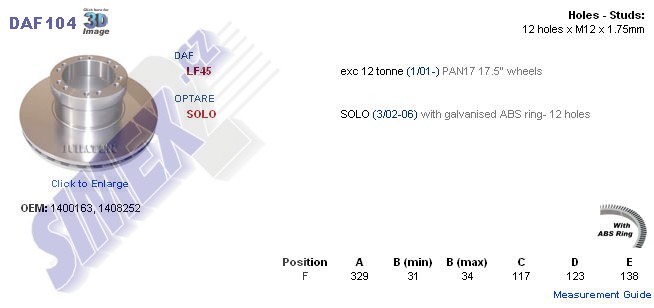 Kotouč brzdový DAF LF45, AVIA D100 ABS kroužek, 329x117x123x138